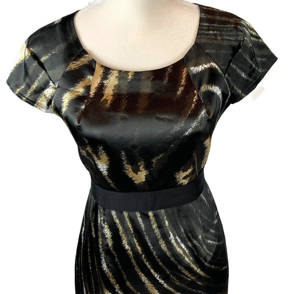 Tahari Black Print Satin Stretch Classy Dress - Picture 2 of 8